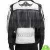 ASYMMETRICAL SILVER STUDDED FRINGE LEATHER JACKET