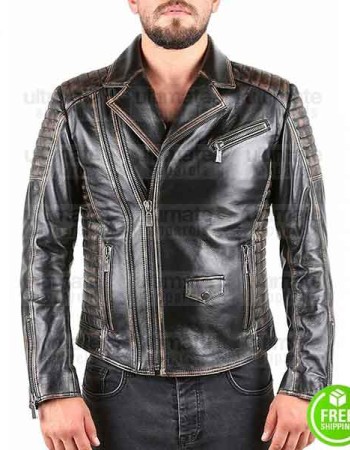 BIKER VINTAGE BLACK DISTRESSED LEATHER JACKET