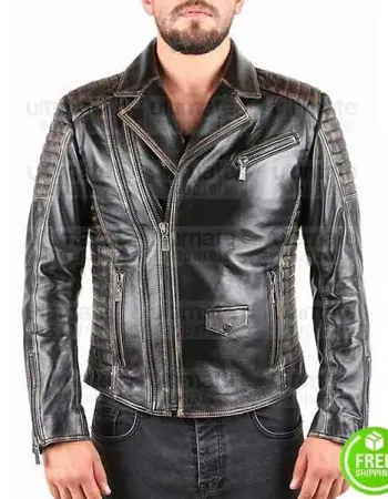 BIKER VINTAGE BLACK DISTRESSED LEATHER JACKET