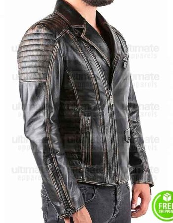 BIKER VINTAGE BLACK DISTRESSED LEATHER JACKET