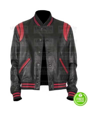 BLACK AND RED LEATHER VARSITY JACKET