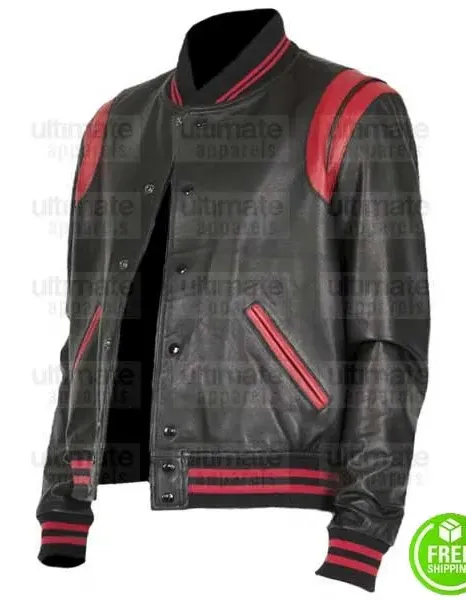 BLACK AND RED LEATHER VARSITY JACKET