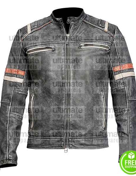 BLACK DISTRESSED LEATHER WITH STRIPES JACKET BLACK DISTRESSED LEATHER WITH STRIPES JACKET