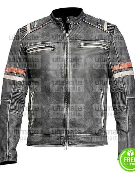 BLACK DISTRESSED LEATHER WITH STRIPES JACKET