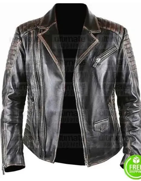MEN'S BRANDO STYLE BLACK DISTRESSED BIKER LEATHER JACKET