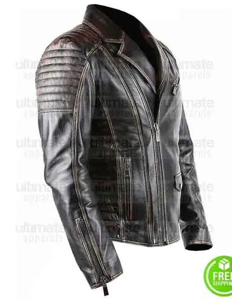 MEN'S BRANDO STYLE BLACK DISTRESSED BIKER LEATHER JACKET