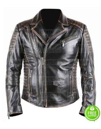 MEN'S BRANDO STYLE BLACK DISTRESSED BIKER LEATHER JACKET