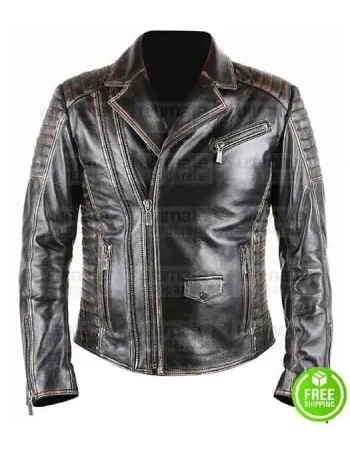 MEN'S BRANDO STYLE BLACK DISTRESSED BIKER LEATHER JACKET