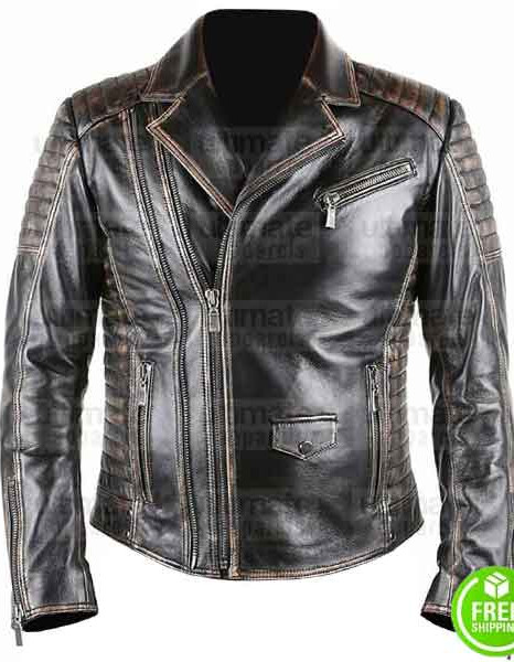 MEN'S BRANDO STYLE BLACK DISTRESSED BIKER LEATHER JACKET MEN'S BRANDO STYLE BLACK DISTRESSED BIKER LEATHER JACKET