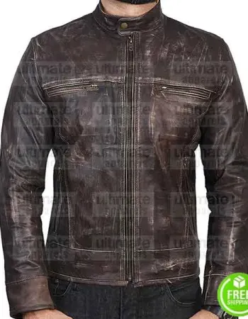 BROWN DISTRESSED LEATHER MOTORCYCLE JACKET