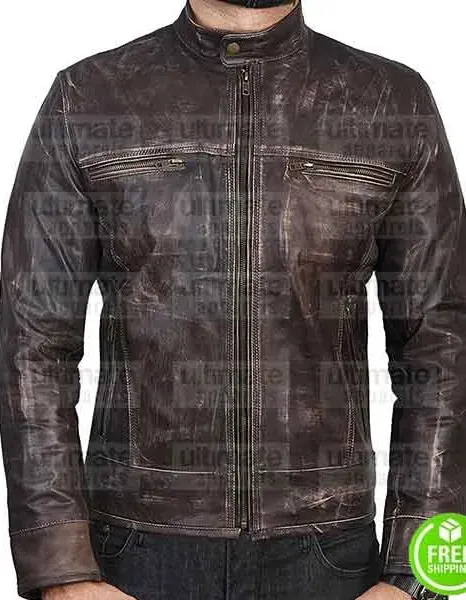 BROWN DISTRESSED LEATHER MOTORCYCLE JACKET