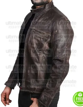 BROWN DISTRESSED LEATHER MOTORCYCLE JACKET