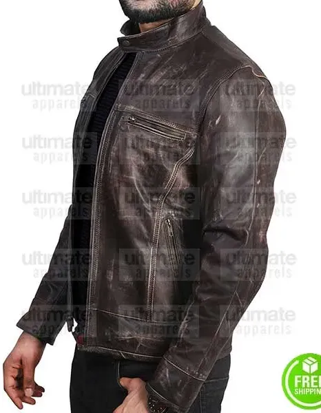 BROWN DISTRESSED LEATHER MOTORCYCLE JACKET