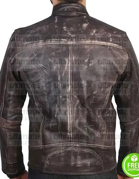 BROWN DISTRESSED LEATHER MOTORCYCLE JACKET