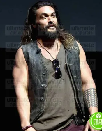 JUSTICE LEAGUE JASON MOMOA (AQUAMAN) BLACK DISTRESSED LEATHER VEST