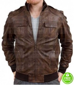 MEN'S BROWN DISTRESSED BOMBER LEATHER JACKET