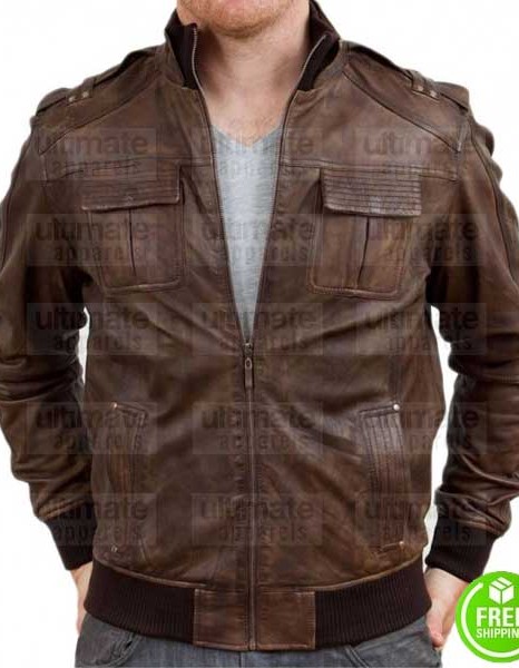 MEN'S BROWN DISTRESSED BOMBER LEATHER JACKET