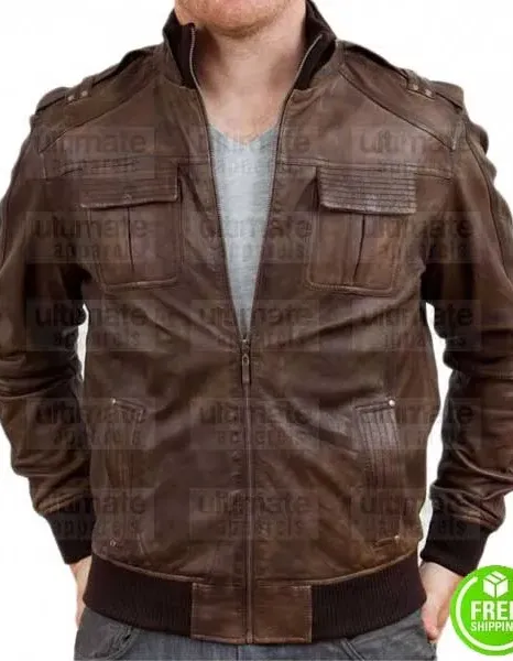 MEN'S BROWN DISTRESSED BOMBER LEATHER JACKET