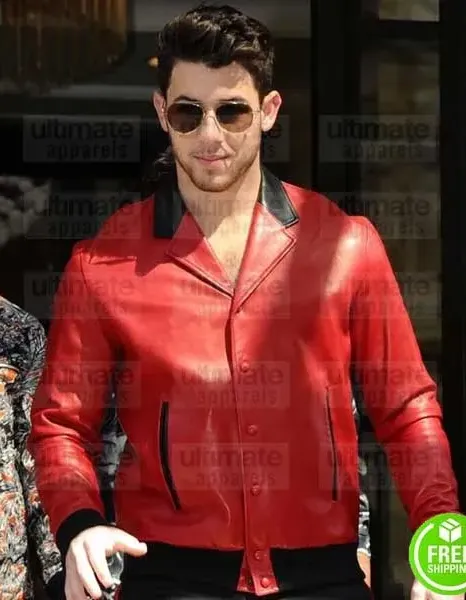 NICK JONAS RED BOMBER LEATHER JACKET NICK JONAS RED BOMBER LEATHER JACKET