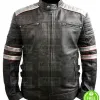 MEN'S RETRO GREY STRIPES BLACK LEATHER JACKET MEN'S RETRO GREY STRIPES BLACK LEATHER JACKET