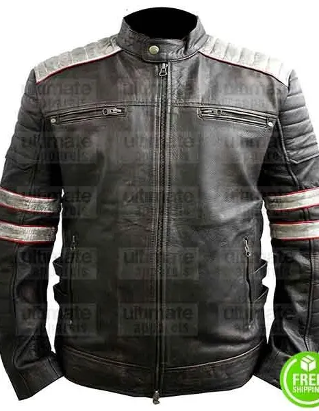 MEN'S RETRO GREY STRIPES BLACK LEATHER JACKET MEN'S RETRO GREY STRIPES BLACK LEATHER JACKET
