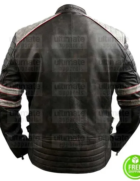 MEN'S RETRO GREY STRIPES BLACK LEATHER JACKET MEN'S RETRO GREY STRIPES BLACK LEATHER JACKET