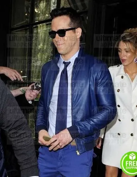 RYAN REYNOLDS BLUE BOMBER LEATHER JACKET