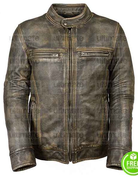 MEN'S CAFE RACER TRIPLE STITCHED GREEN DISTRESSED LEATHER JACKET MEN'S CAFE RACER TRIPLE STITCHED GREEN DISTRESSED LEATHER JACKET