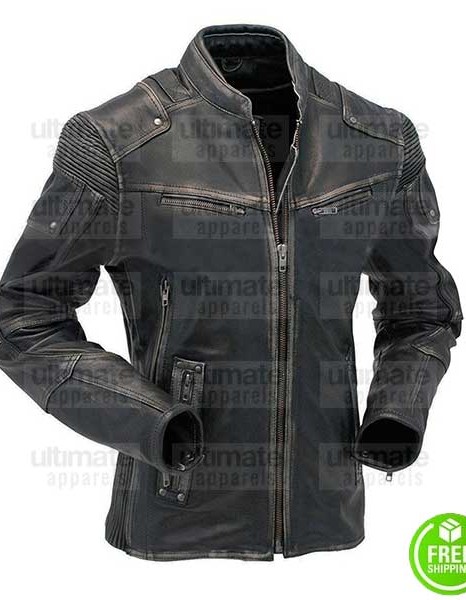 MEN'S CAFE RACER VINTAGE  BLACK DISTRESSED MOTO LEATHER JACKET