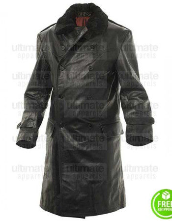 WW2 RUSSIAN NAVY OFFICER STYLE FUR COLLAR BLACK LEATHER COAT