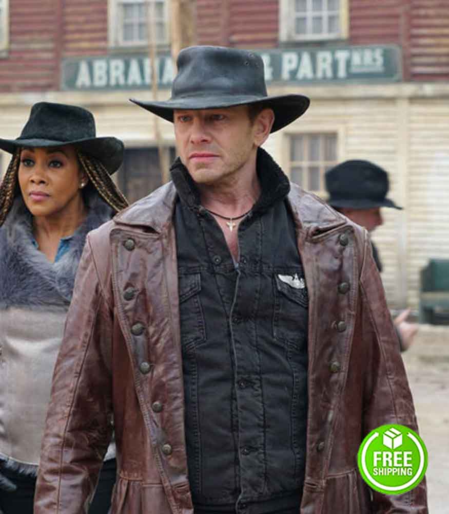 THE LAST SHARKNADO: IT’S ABOUT TIME IAN ZIERING (FIN) BROWN LEATHER COAT 