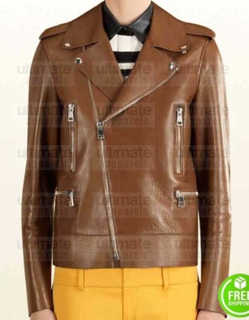 BLAKE LIVELY BROWN BIKER LEATHER JACKET
