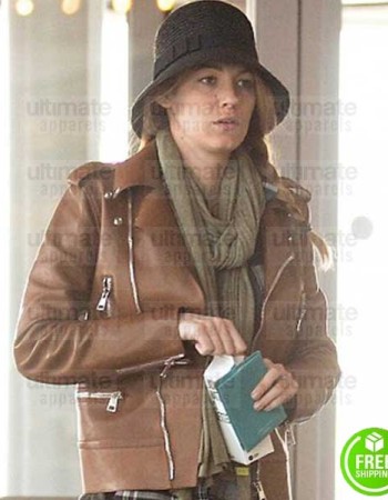 BLAKE LIVELY BROWN BIKER LEATHER JACKET