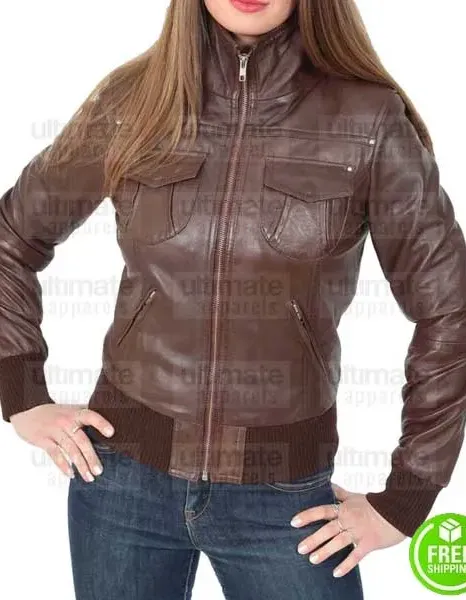 WOMEN'S BROWN LEATHER BOMBER JACKET WOMEN'S BROWN LEATHER BOMBER JACKET