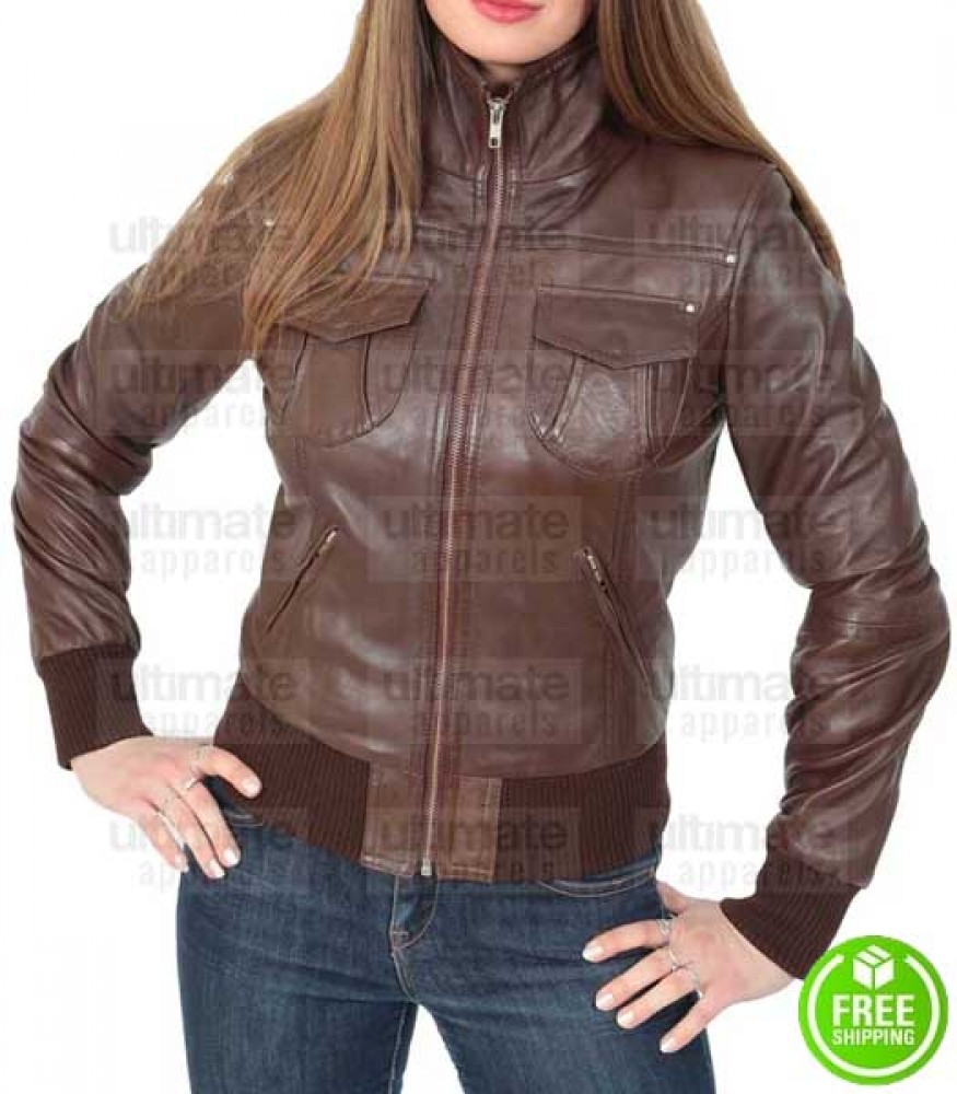 WOMEN'S BROWN LEATHER BOMBER JACKET 