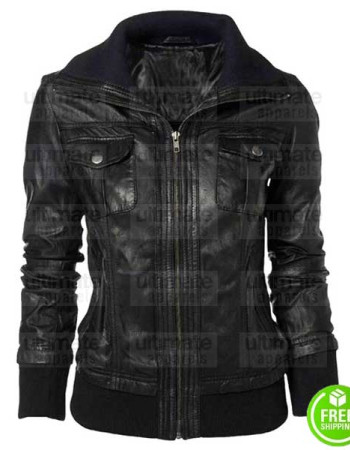 DOUBLE COLLAR BOMBER LEATHER JACKET