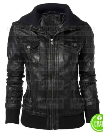DOUBLE COLLAR BOMBER LEATHER JACKET