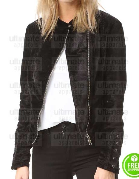 LACEY BLACK SLIM-FIT BIKER VELVET JACKET 