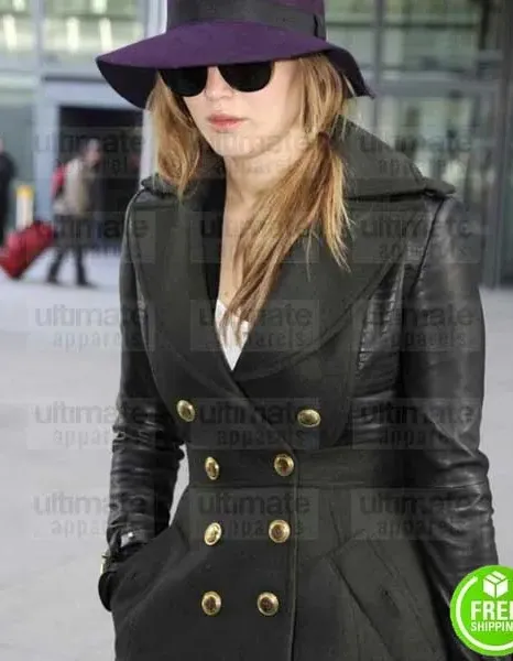 JENNIFER LAWRENCE TRENCH BLACK LEATHER COAT JENNIFER LAWRENCE TRENCH BLACK LEATHER COAT