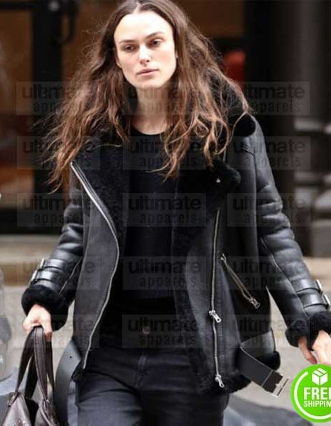 KEIRA KNIGHTLEY BLACK SHEARLING LEATHER JACKET KEIRA KNIGHTLEY BLACK SHEARLING LEATHER JACKET