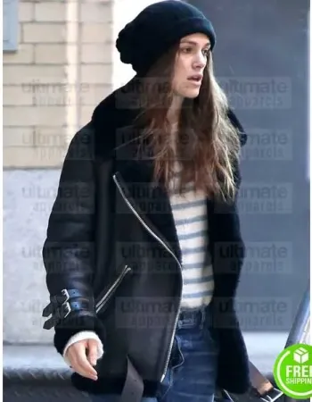KEIRA KNIGHTLEY BLACK SHEARLING LEATHER JACKET