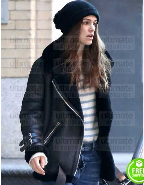 KEIRA KNIGHTLEY BLACK SHEARLING LEATHER JACKET KEIRA KNIGHTLEY BLACK SHEARLING LEATHER JACKET