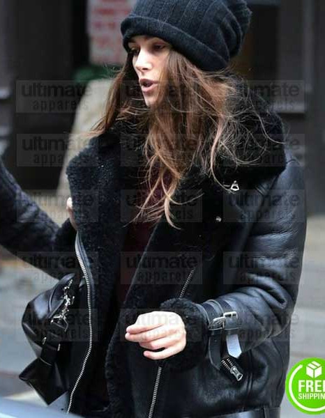 KEIRA KNIGHTLEY BLACK SHEARLING LEATHER JACKET KEIRA KNIGHTLEY BLACK SHEARLING LEATHER JACKET