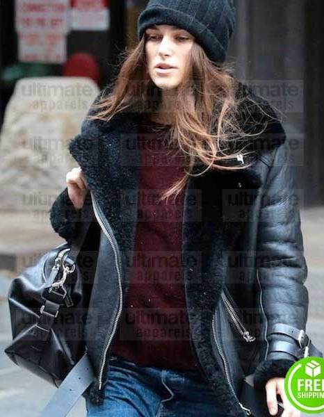 KEIRA KNIGHTLEY BLACK SHEARLING LEATHER JACKET KEIRA KNIGHTLEY BLACK SHEARLING LEATHER JACKET