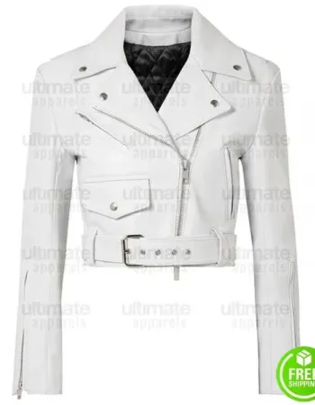 LADIES WHITE CROPPED LEATHER JACKET