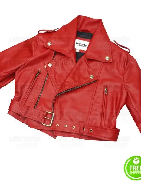 BEBE REXHA RED CROPPED BIKER LEATHER JACKET BEBE REXHA RED CROPPED BIKER LEATHER JACKET