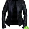 WOMEN'S COLLARLESS BLACK LEATHER JACKET