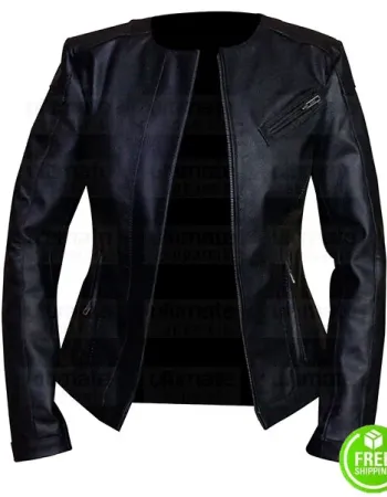 WOMEN'S COLLARLESS BLACK LEATHER JACKET