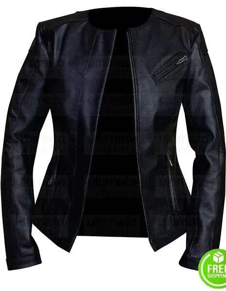 WOMEN'S COLLARLESS BLACK LEATHER JACKET WOMEN'S COLLARLESS BLACK LEATHER JACKET