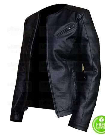 WOMEN'S COLLARLESS BLACK LEATHER JACKET